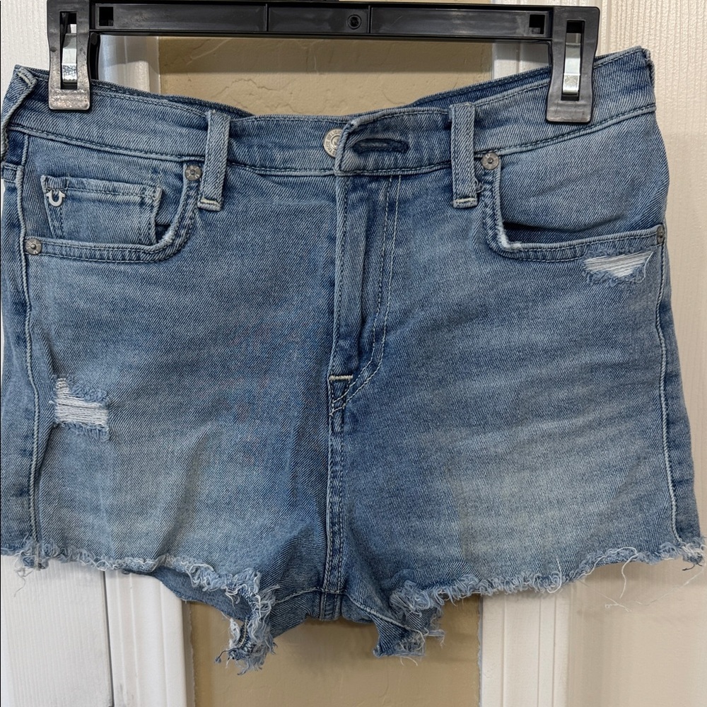 True Religion Light Blue Distressed Denim Shorts